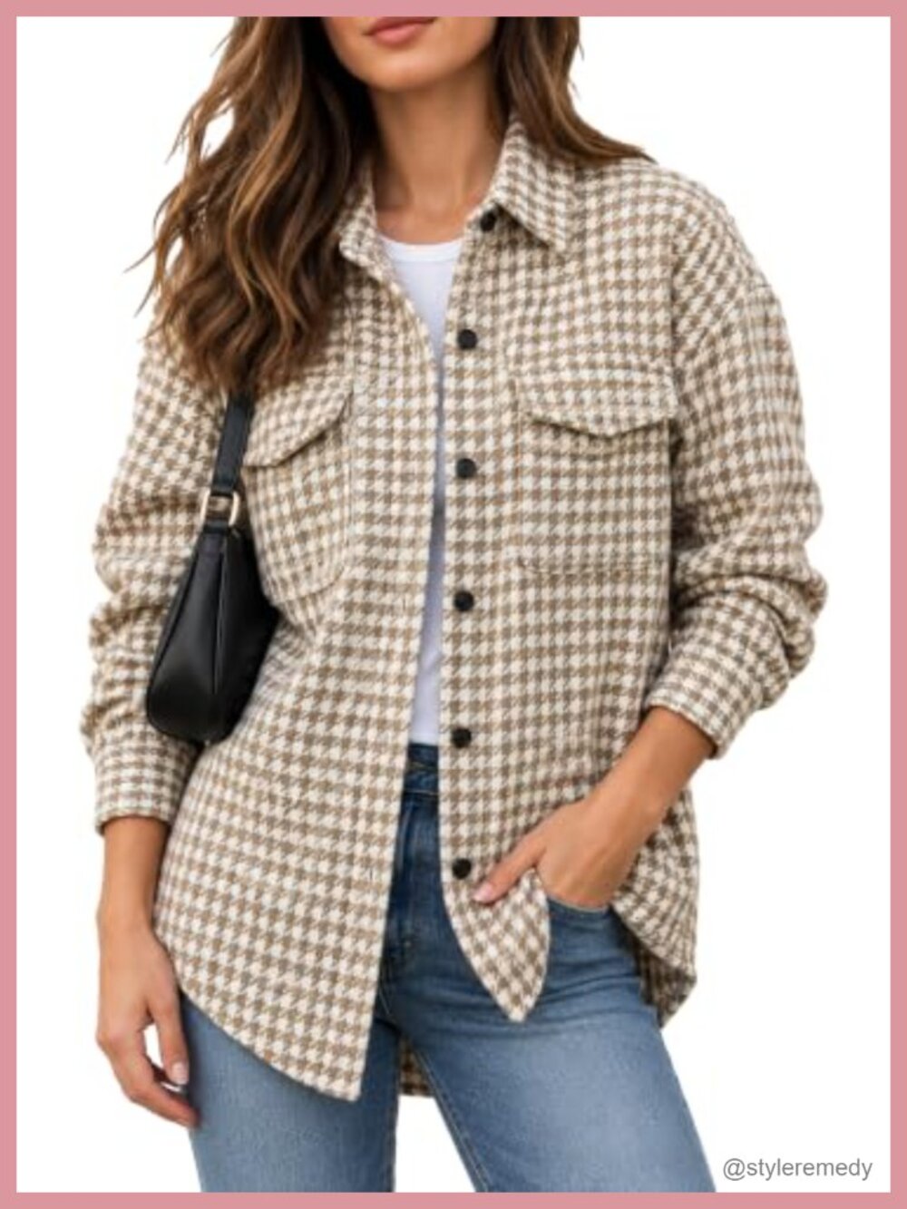Houndstooth Flannel Shacket Button Down Oversized Casual Jacket